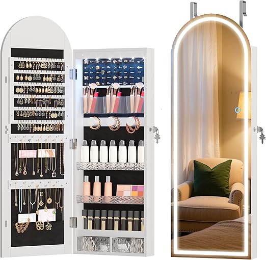 Wall Mounted Jewelry Organizer with LED Mirror