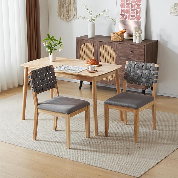 Beige Woven Wooden Dining Chairs Set of 2