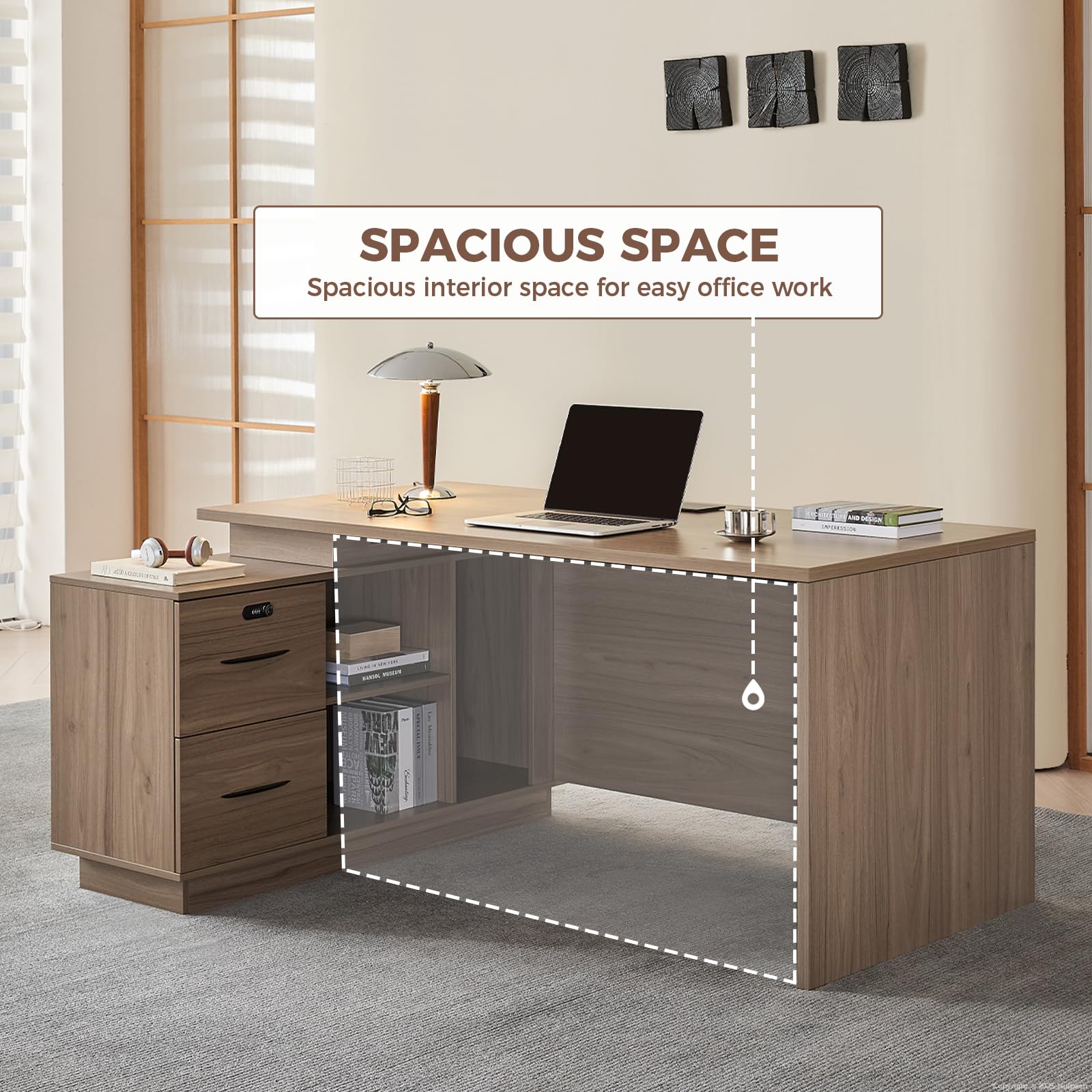63-Inch Reversible L-Shaped Executive Desk with Lateral File Cabinet