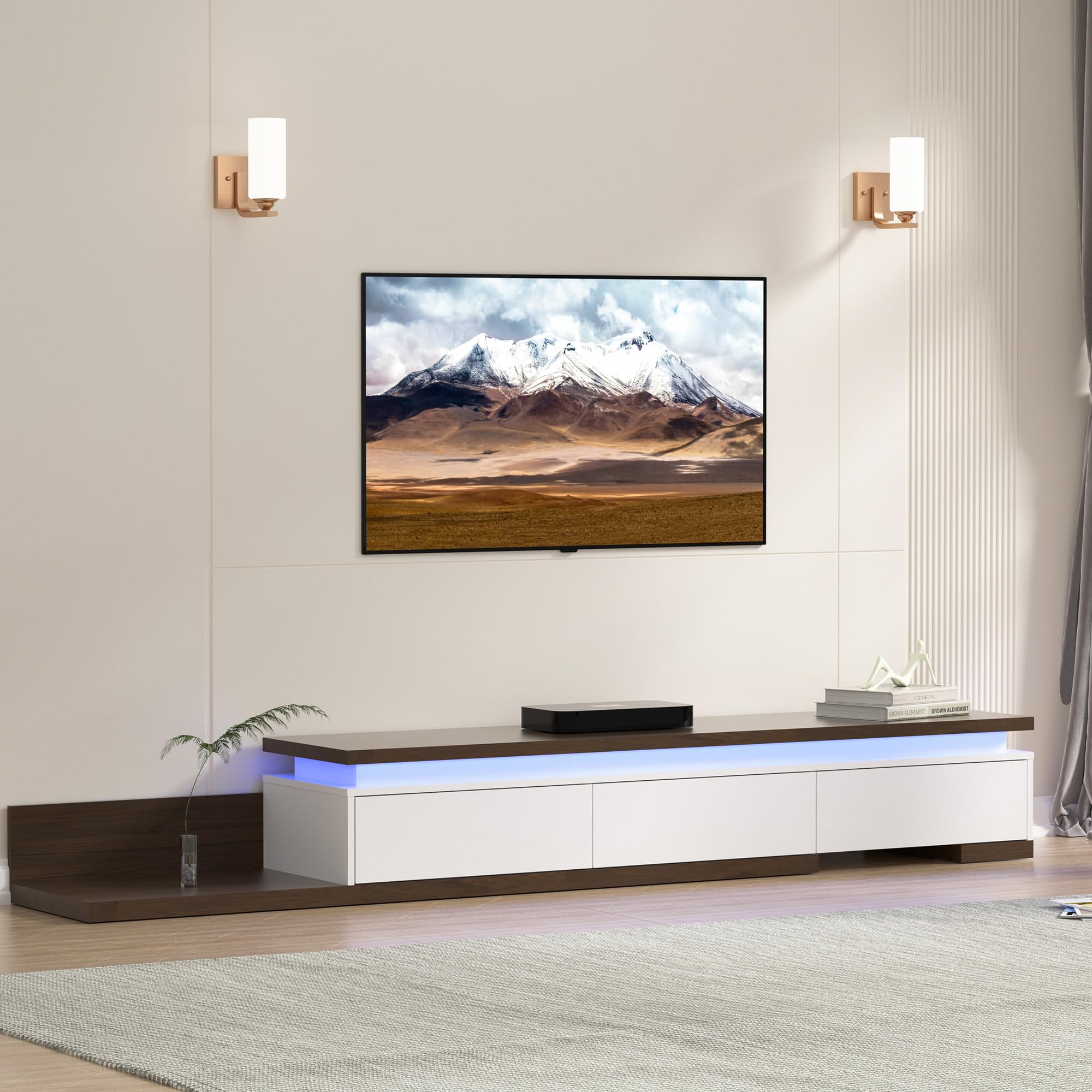 Extendable TV Stand with LED Lights and Storage Drawers