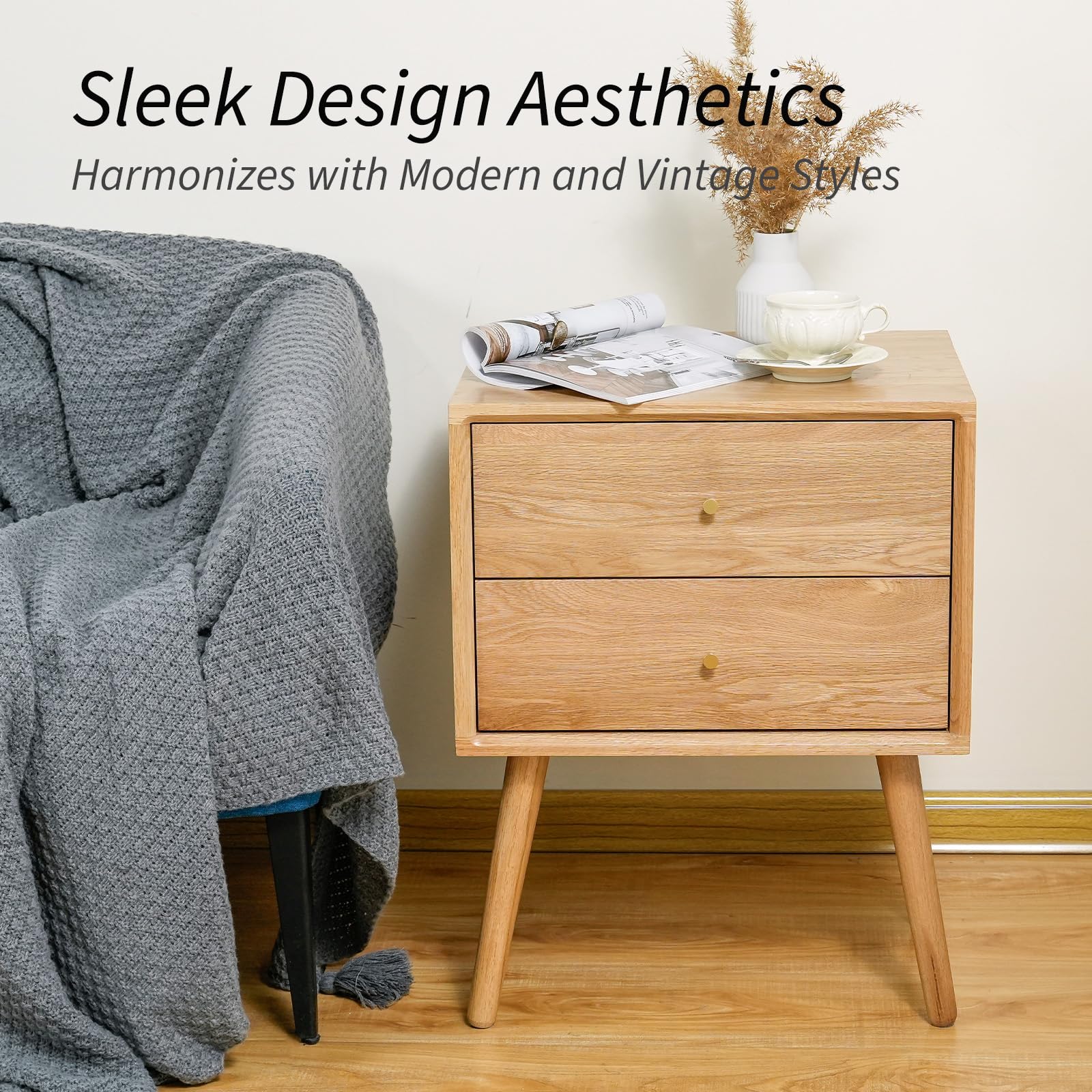 Midcentury Modern Solid Wood Nightstand with Drawer