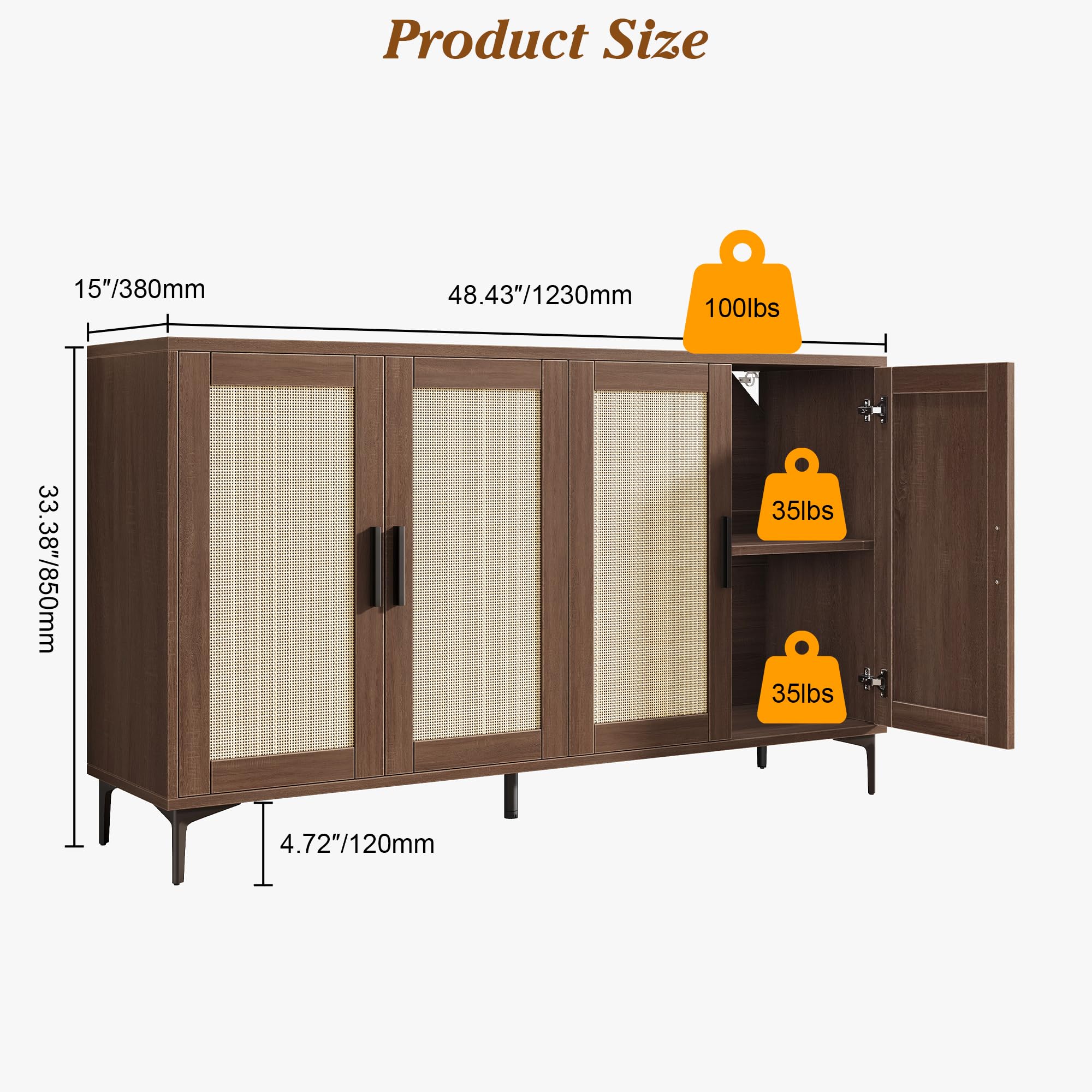 48" Rattan Buffet Cabinet with Adjustable Shelves