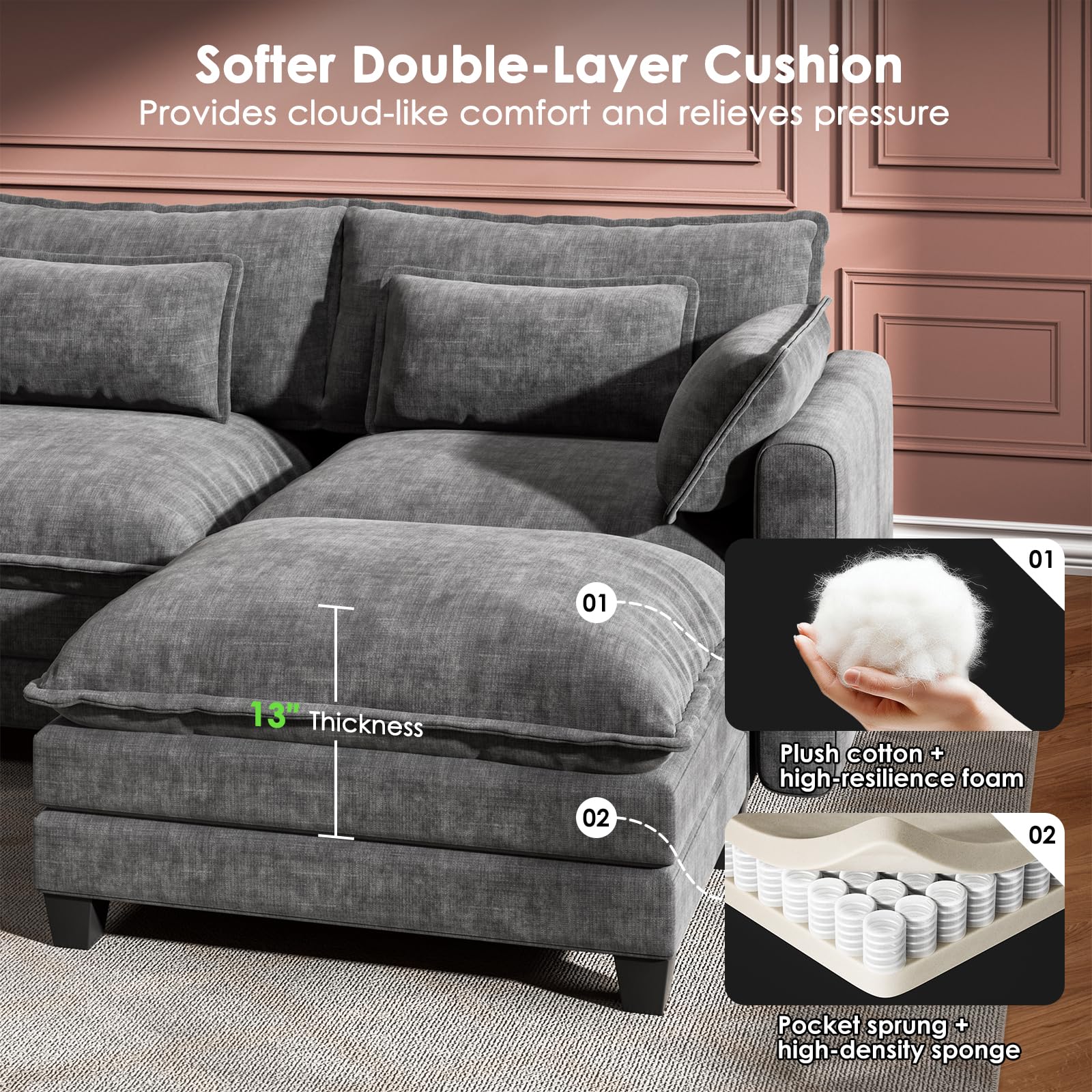 110.6" U-Shaped Modular Sectional Sofa with Ottoman