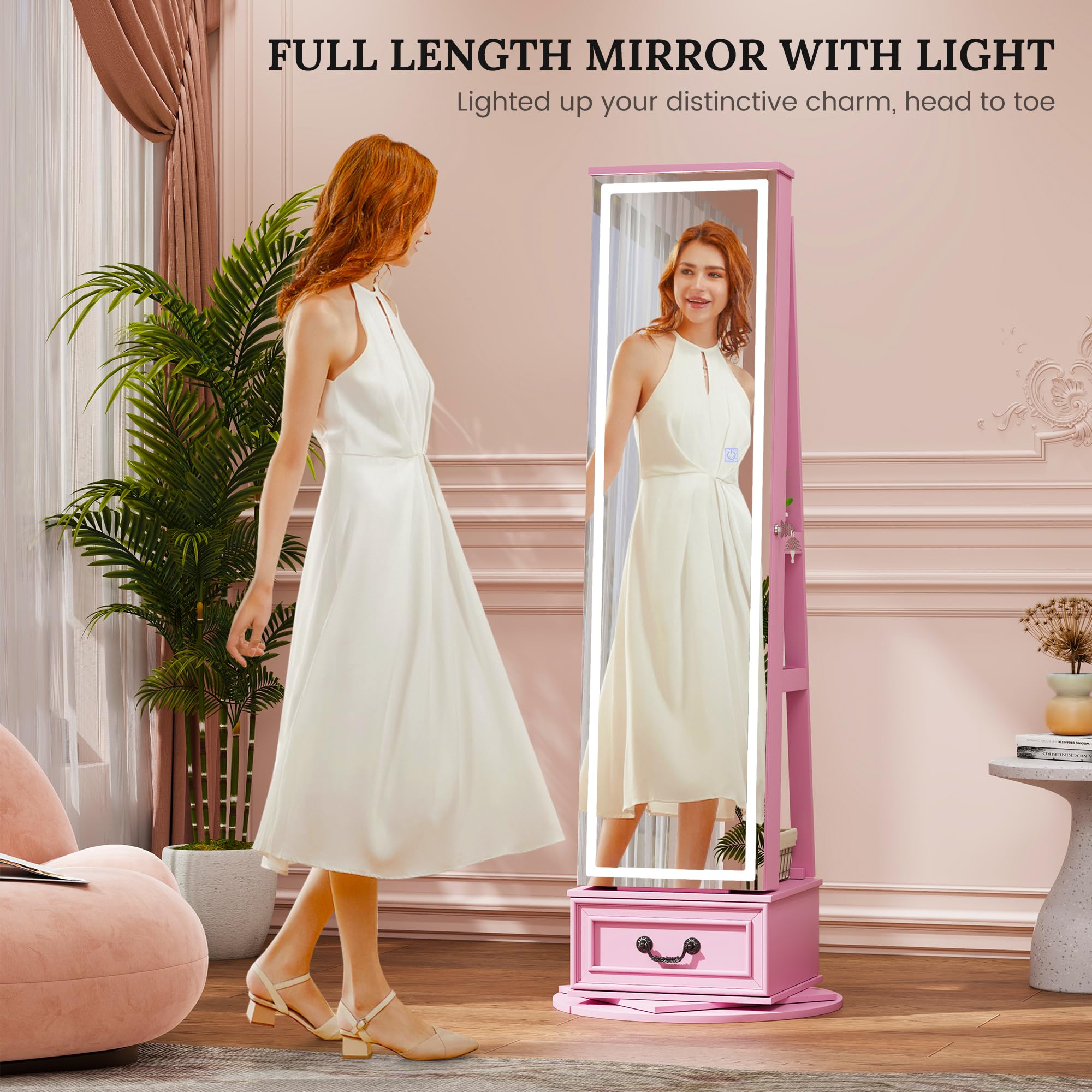 LED Mirror Jewelry Cabinet with 360° Swivel and Storage Drawer