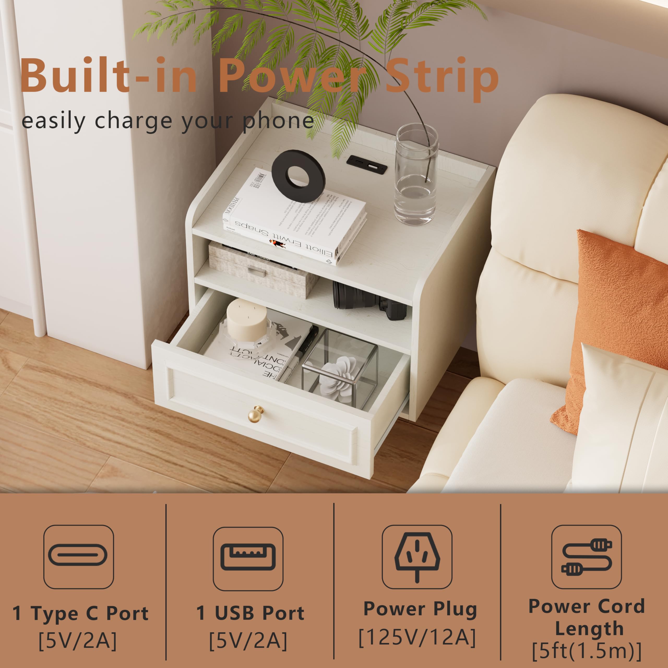 Wall Mounted Floating Nightstand with Charging Station Set of 2