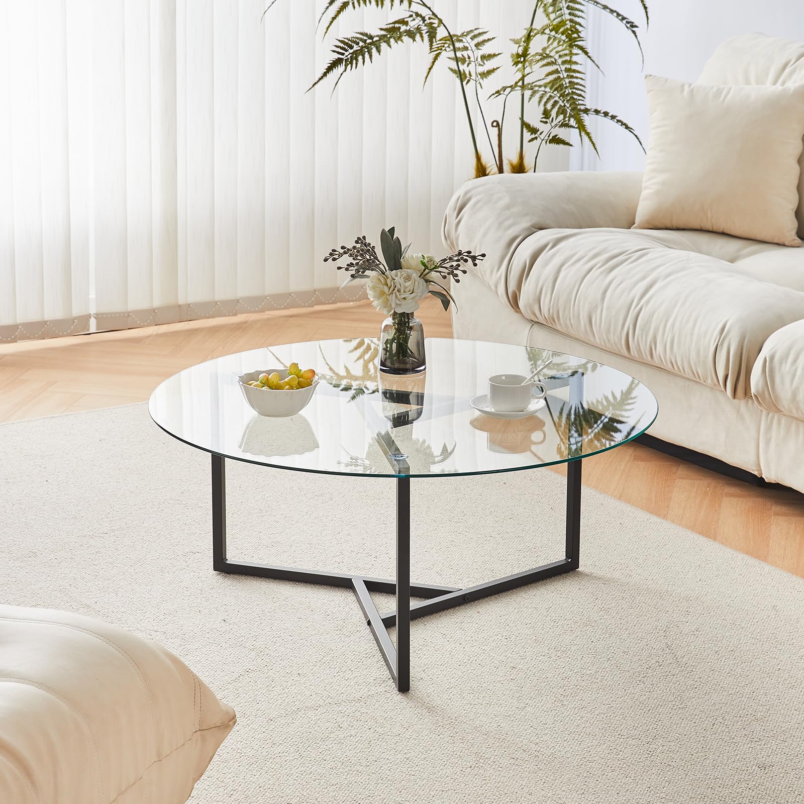 Round Tempered Glass Coffee Table with Metal Frame