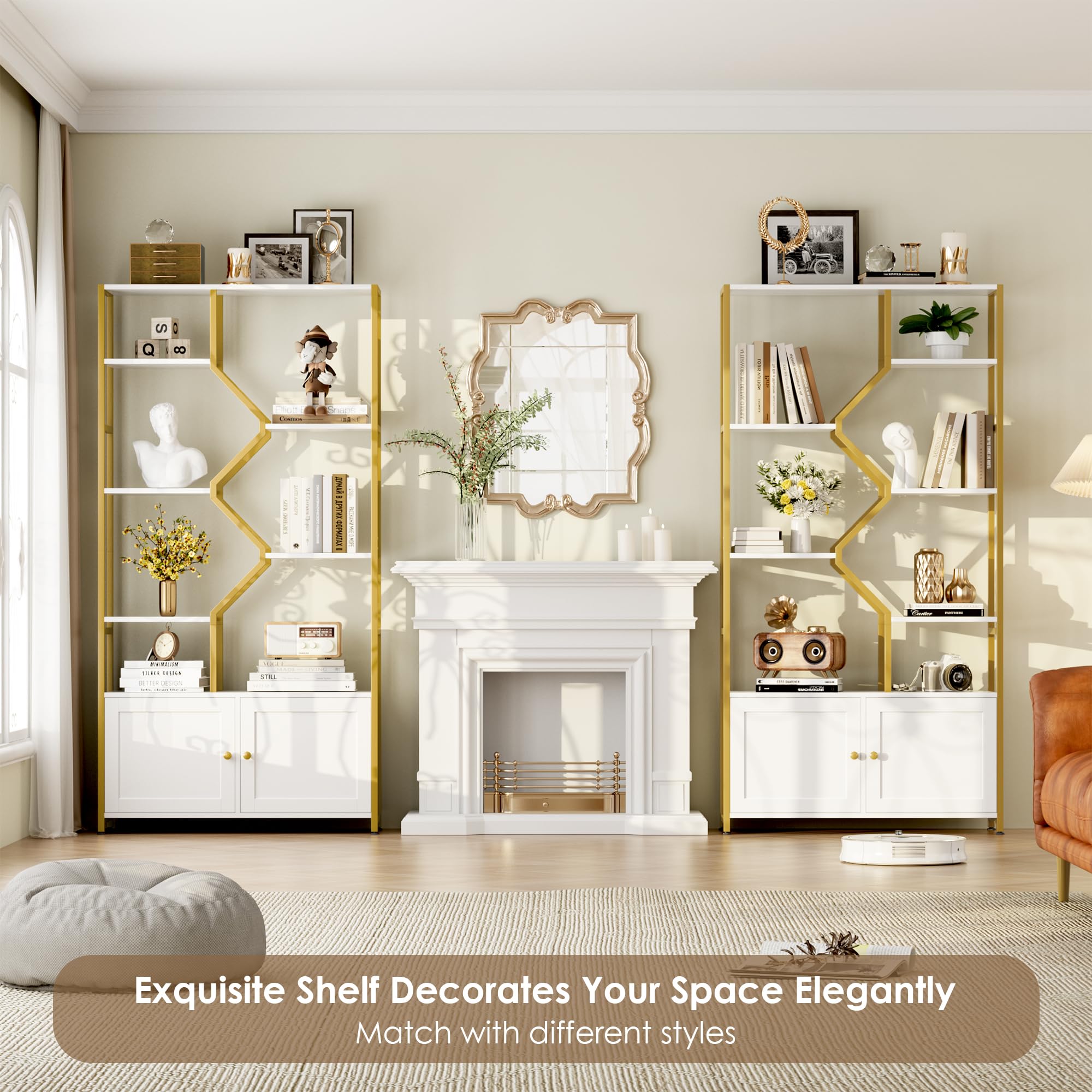 76" Tall Gold Bookshelf with Cabinet Storage