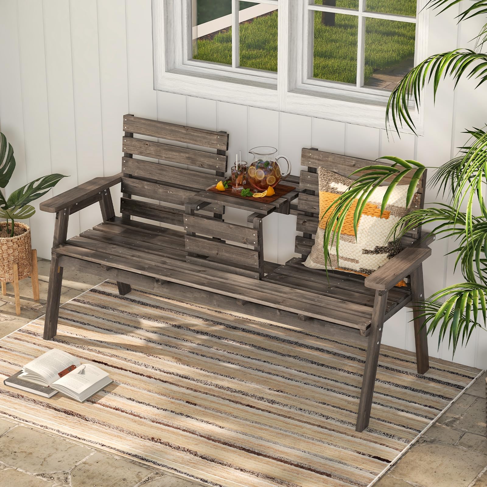 Foldable Outdoor Fir Wood Bench with Middle Table