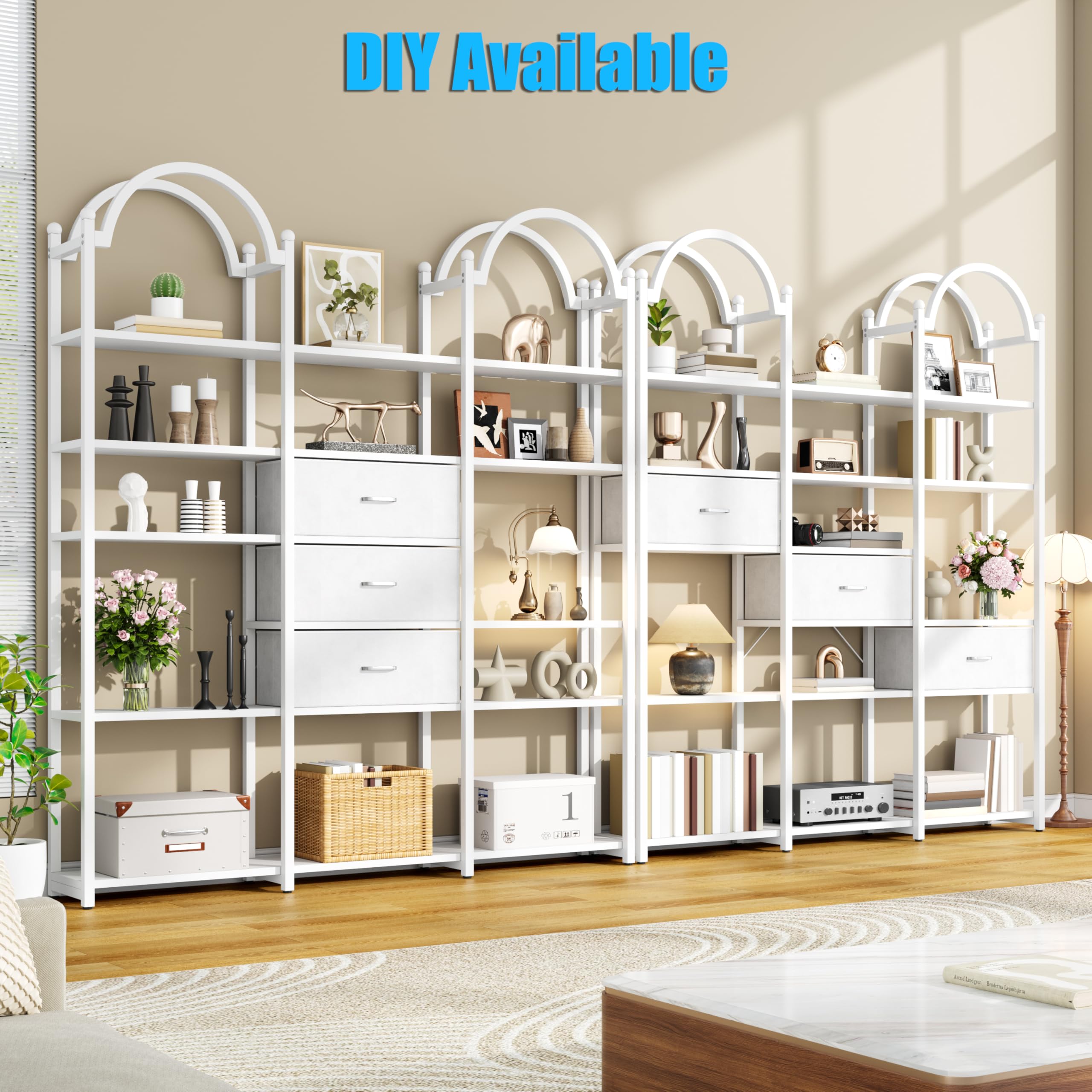 83.5" Tall Arched Bookshelf with 3 Drawers and 13 Storage Shelves