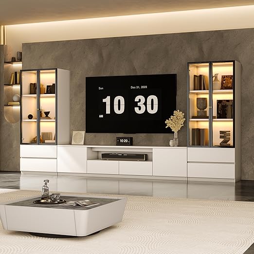 102" White Modern Entertainment Center for 85" TV with Glass Display Cabinet
