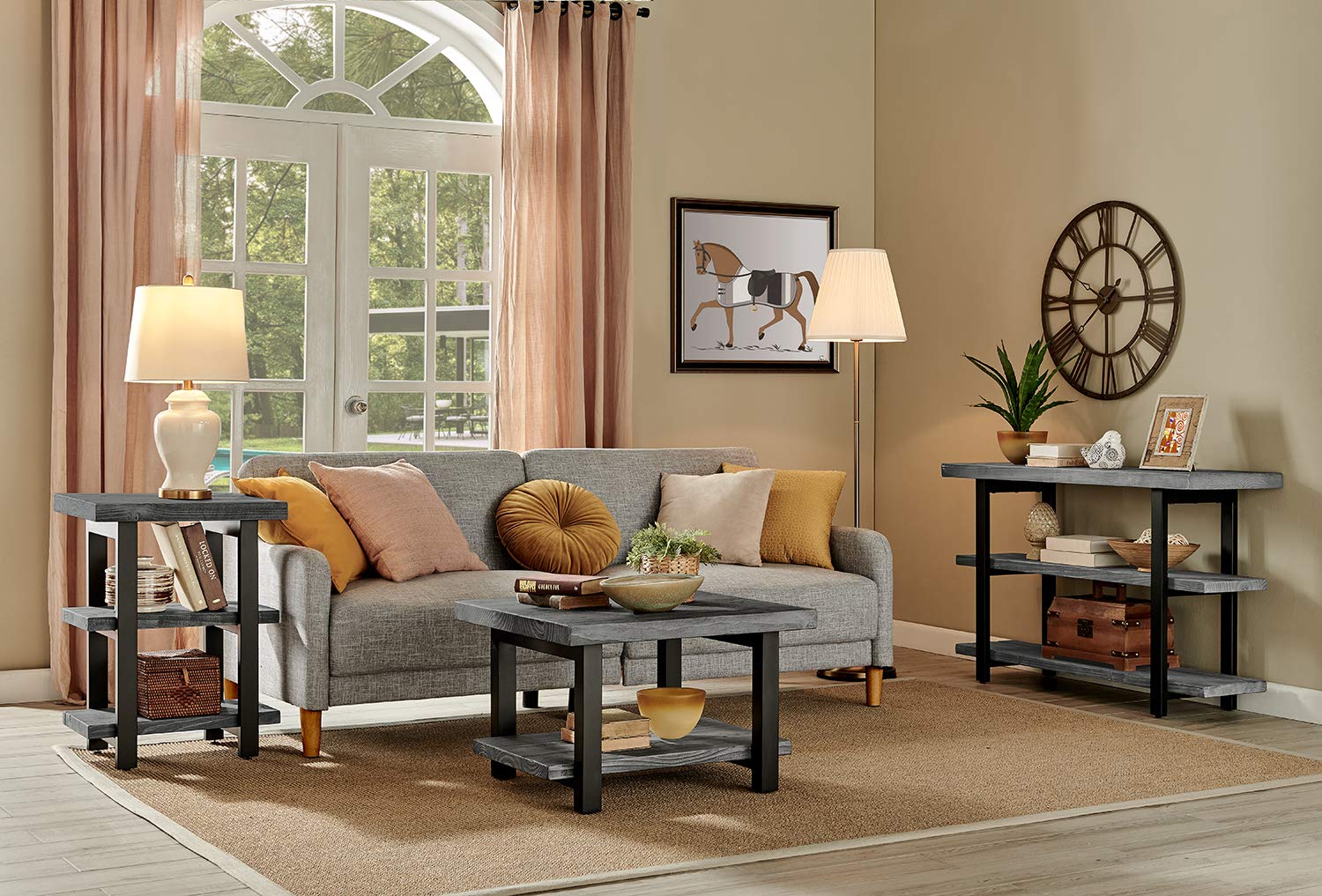 Pomona 3-Tier Industrial End Table with Solid Pine Wood and Metal Legs