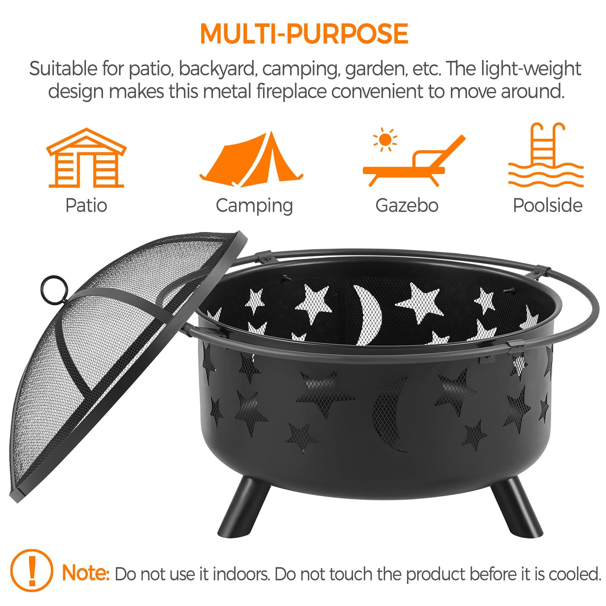 30" Round Wood Burning Fire Pit with Star Moon Design