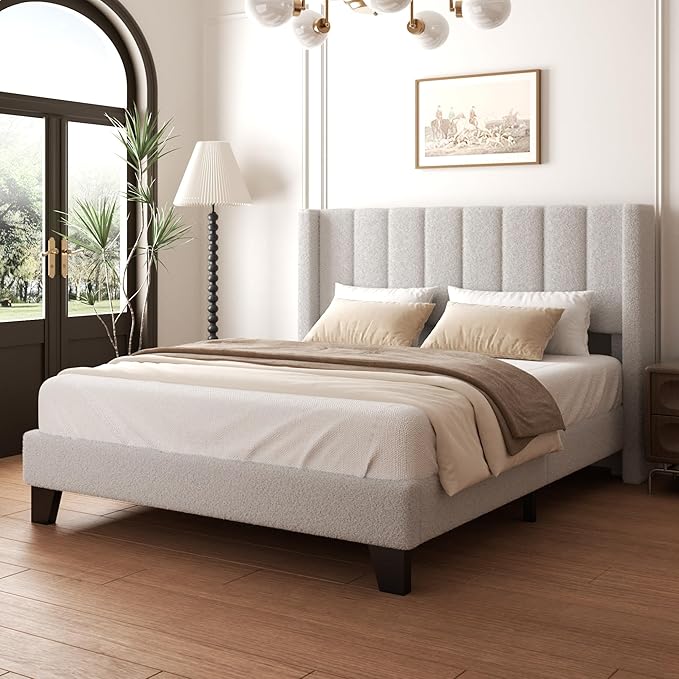 King Upholstered Platform Bed Frame with Teddy Velvet Headboard