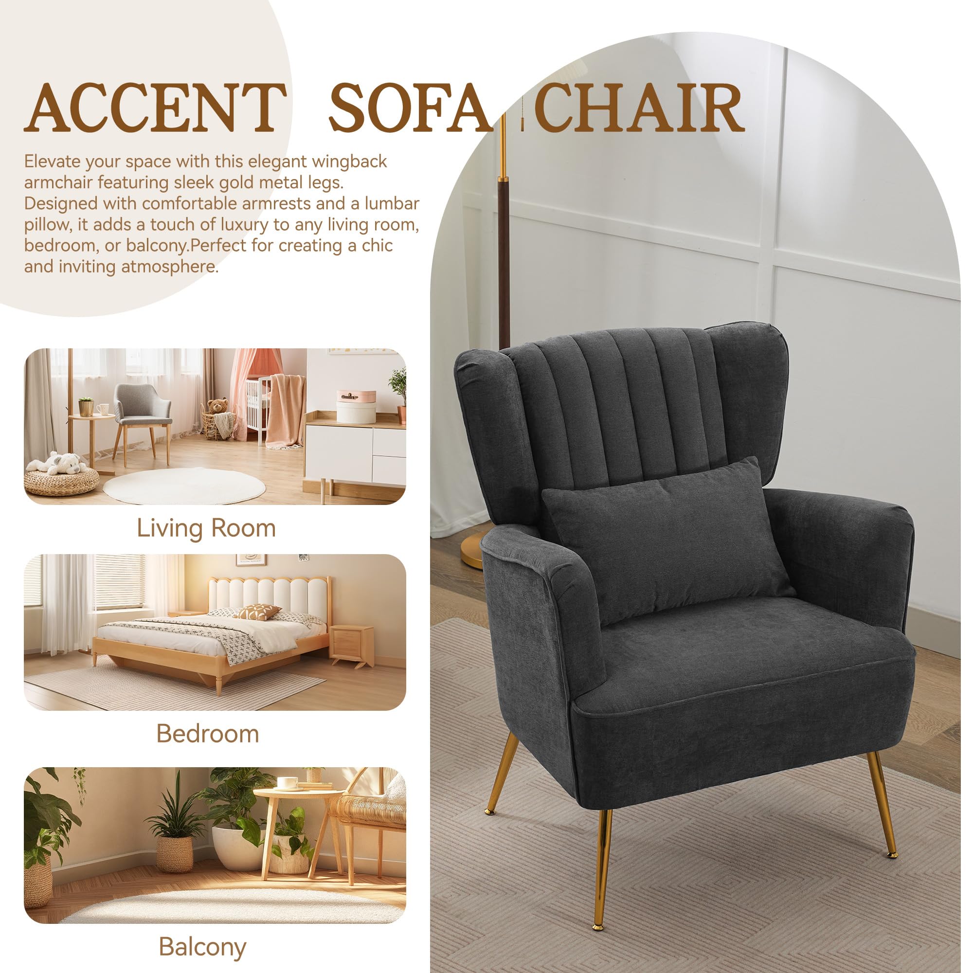 Fabric Accent Arm Chair Set of 2 with Pillow & Golden Legs