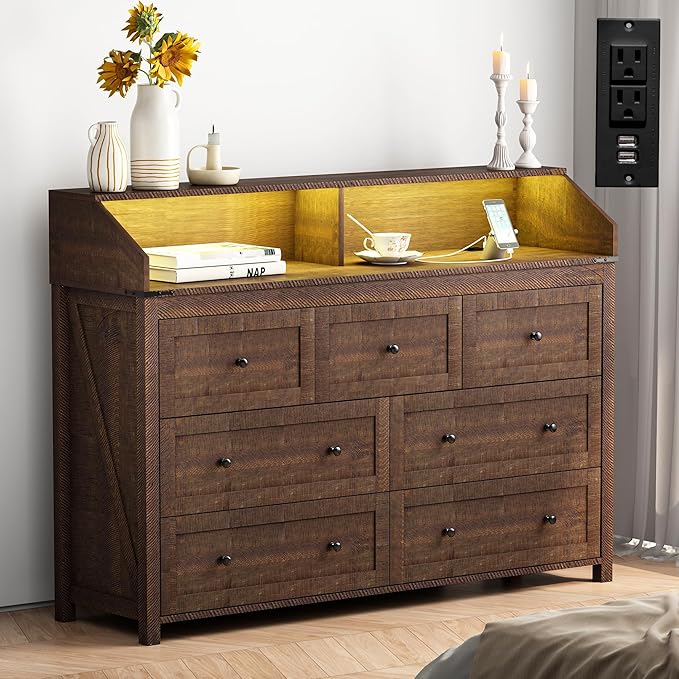 7 Drawer Dresser with LED Lights and Charging Station