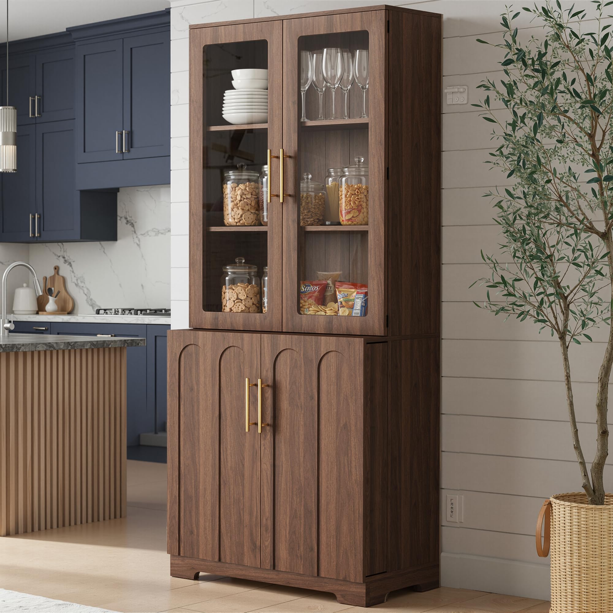 Tall Pantry Cabinet with Glass Doors 77" Kitchen Storage