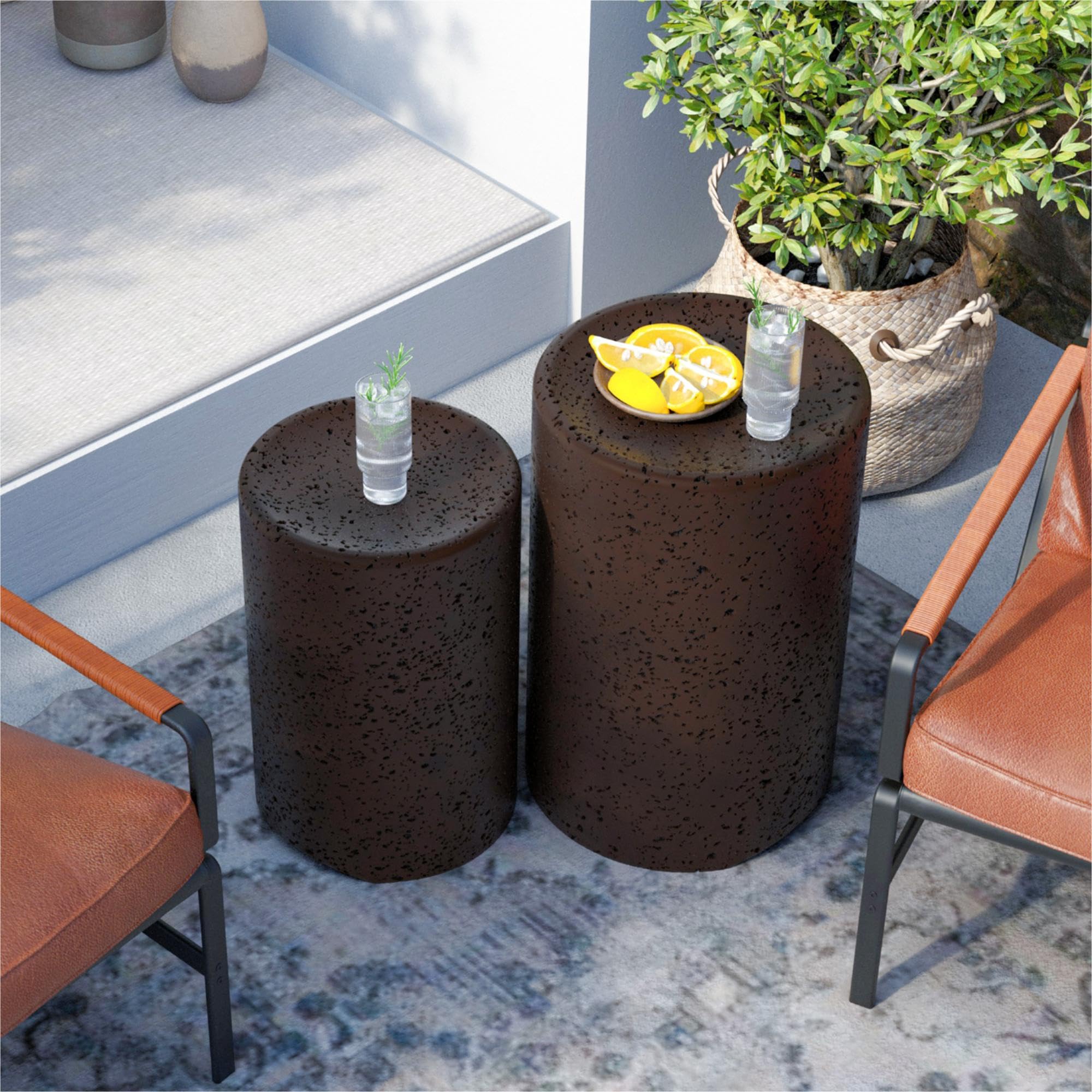 Concrete Side Table Set of 2 Round Nesting Outdoor End Tables
