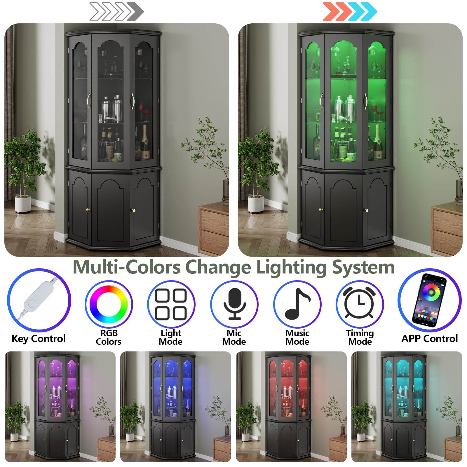 Corner Bar Cabinet with LED Lights and Tempered Glass Door