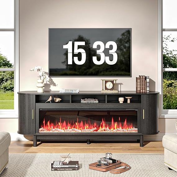 70 Inch Curved Fireplace TV Stand with Storage