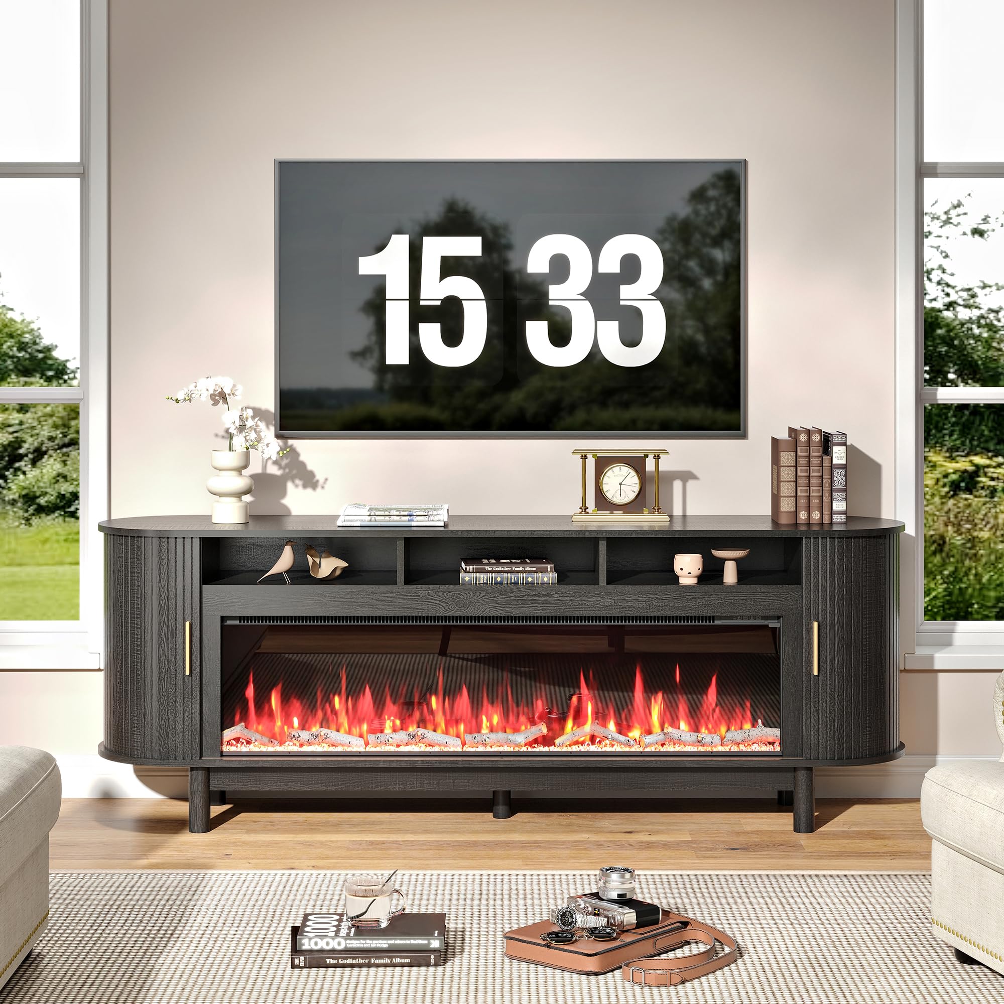 70 Inch Curved Fireplace TV Stand with Storage