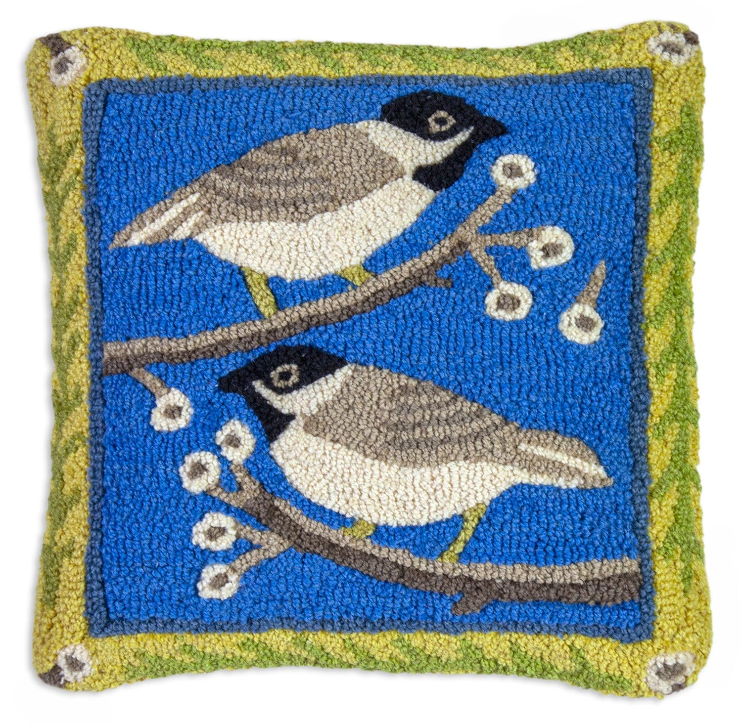 Chickadees in the Bush Hand-Hooked Wool Throw Pillow 18x18