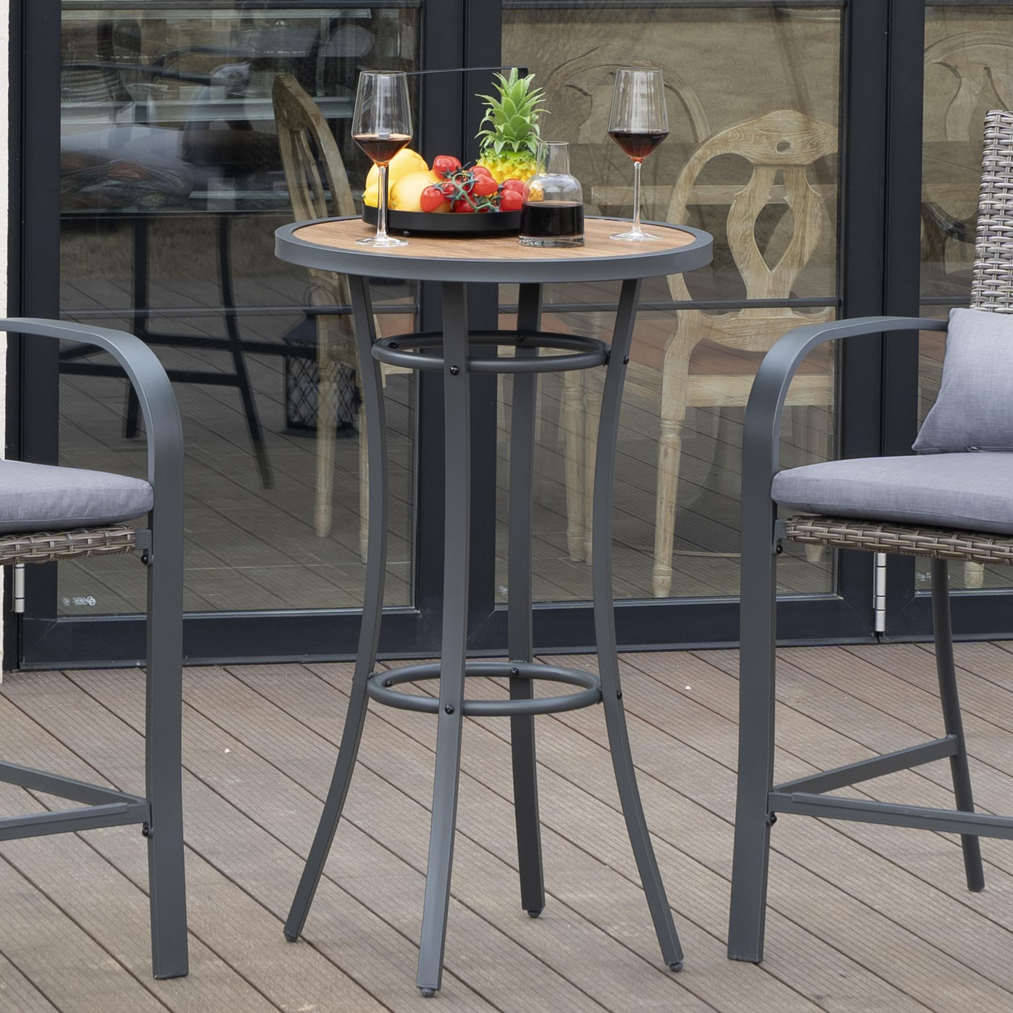Round Bar Height Patio Table with Wood-Like Top