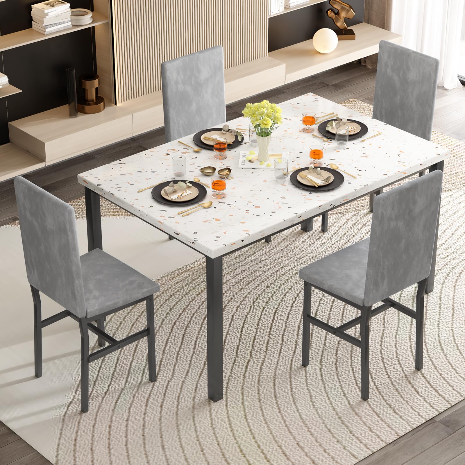5-Piece Dining Table Set with Upholstered Chairs