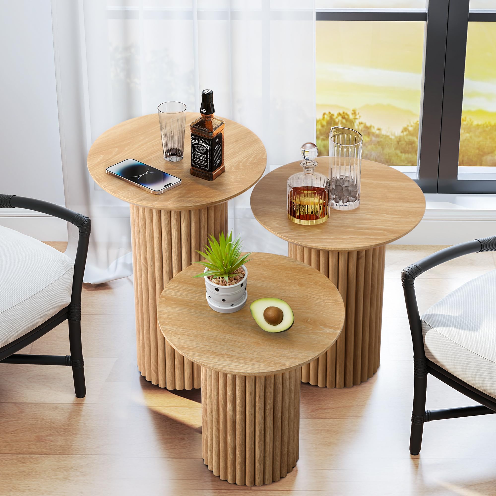 Round Nesting Coffee Table Set of 3 Mid Century Modern Fluted