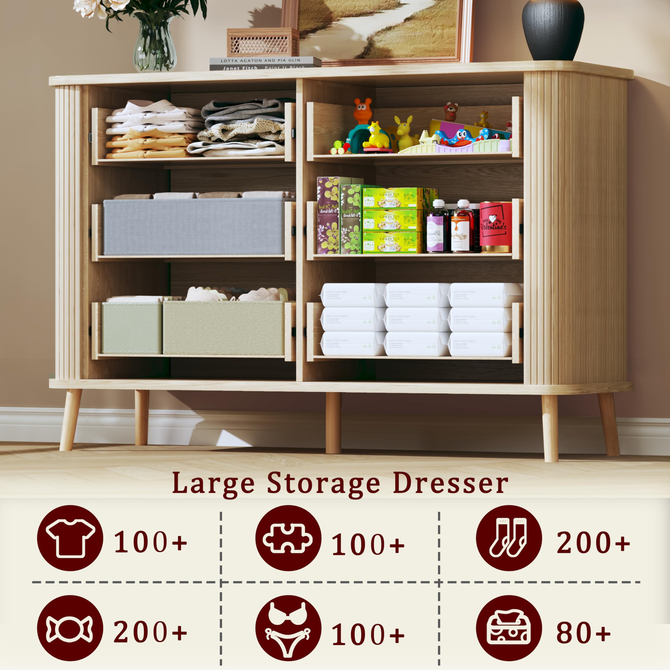 6 Drawer Dresser with Curved Profile and Fluted Design