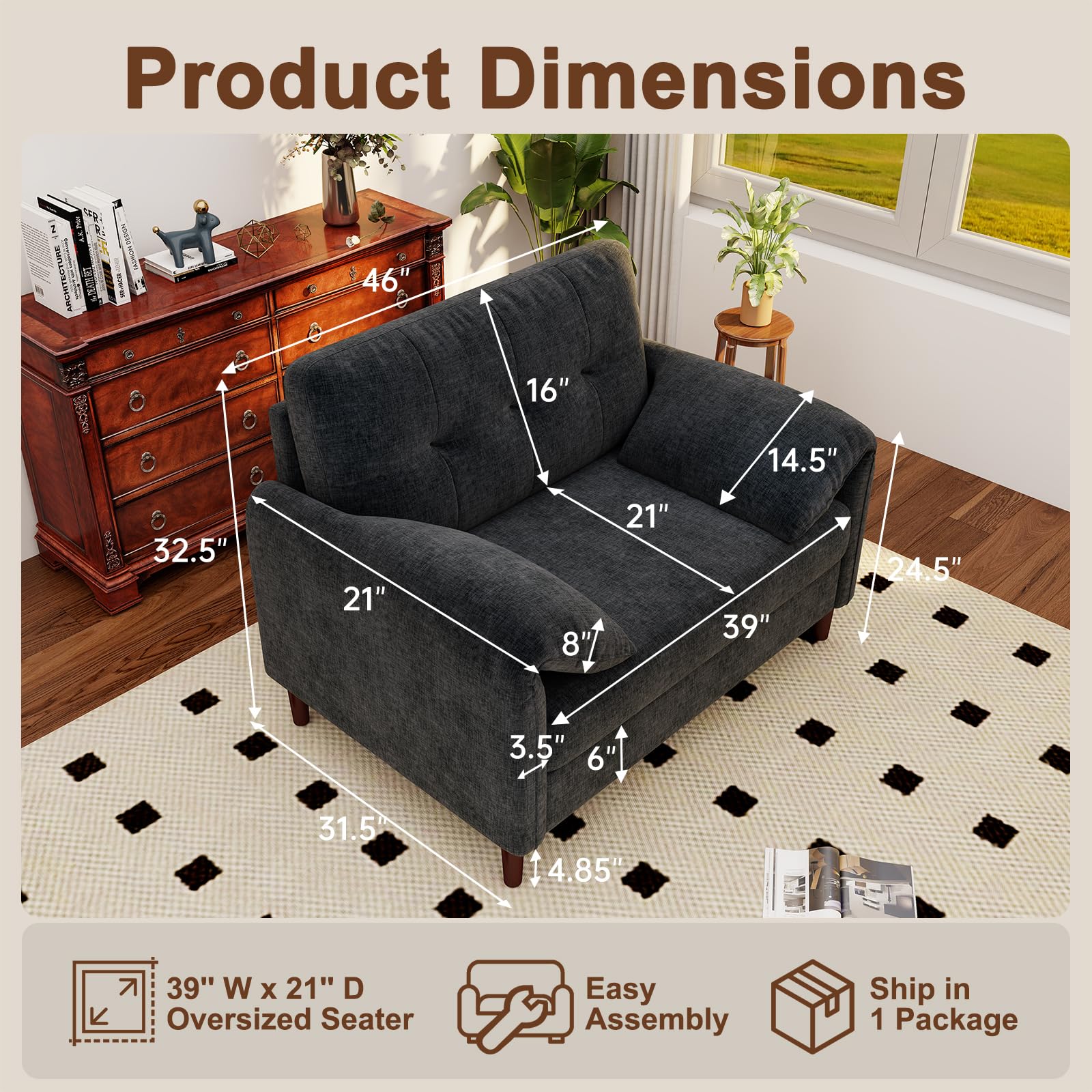 ZSDT 46'' W Oversized Chair, Chenille Loveseat Sofa with Deep Seat, Mid Century Modern Accent Chair for Living Room, Upholstered Comfy Armchair for Bedroom, Apartment, Studio, Office（1Pack Dark Grey）