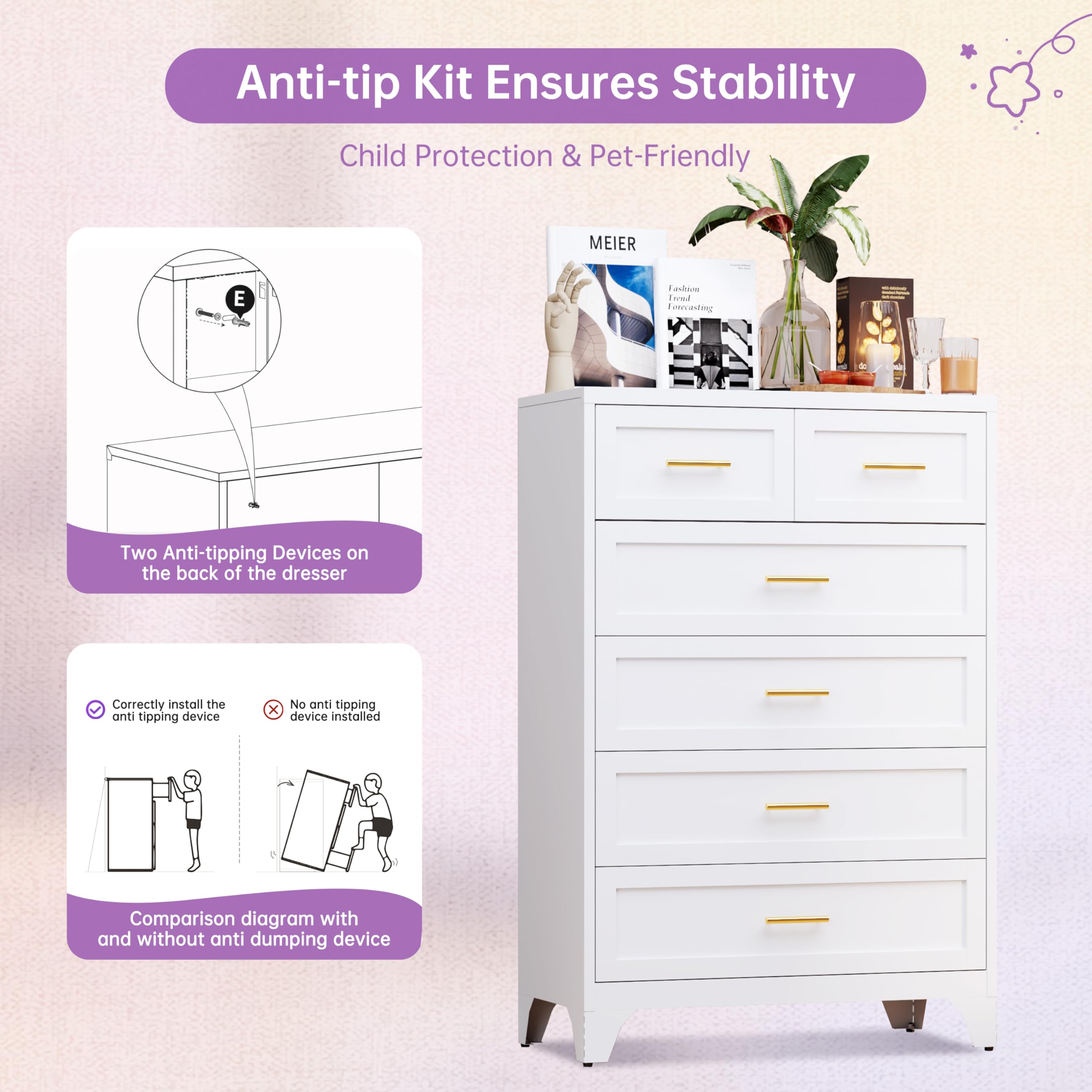 Metal 6 Drawer Dresser 48 Inch Tall White Chest