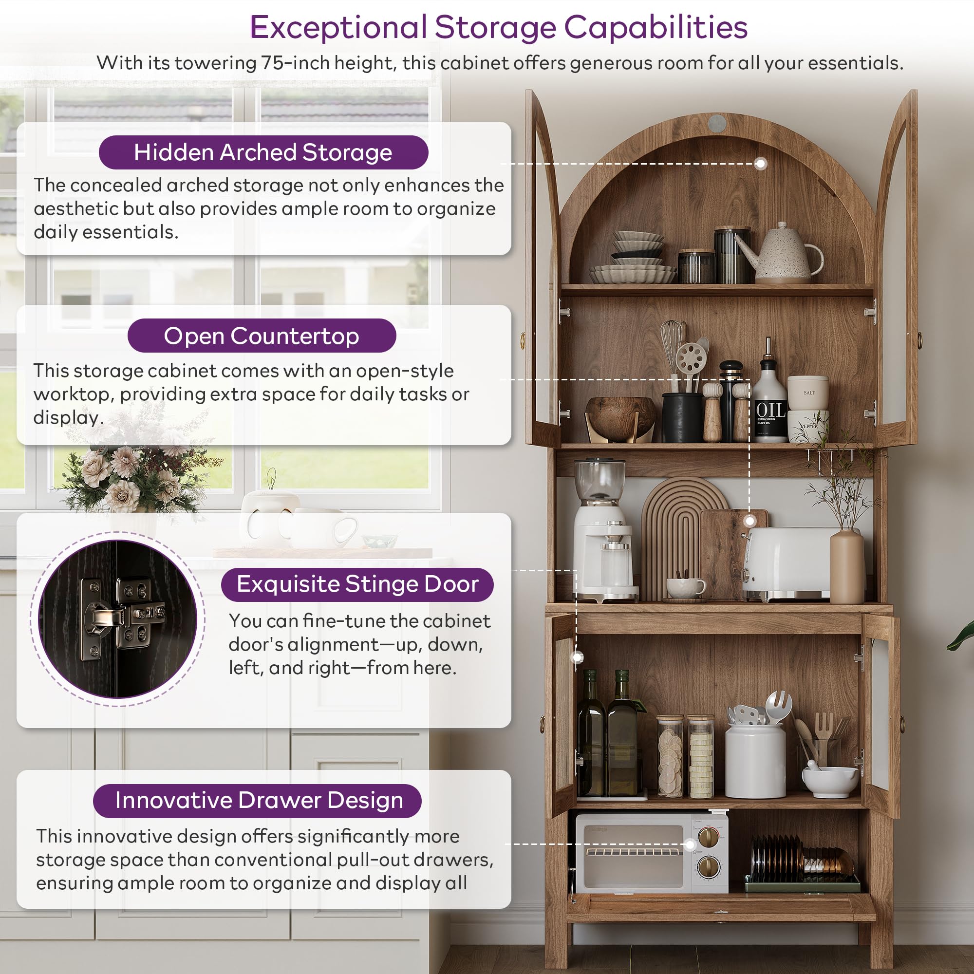 75" Tall Arched Pantry Cabinet with Glass Door