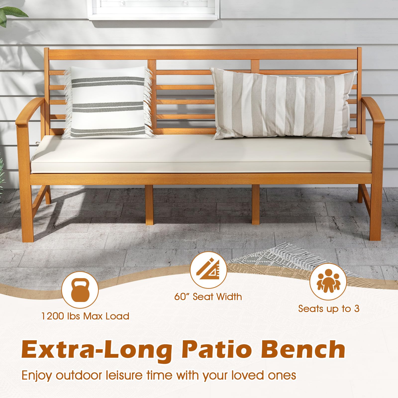 3-Seat Acacia Wood Outdoor Bench with Cushion
