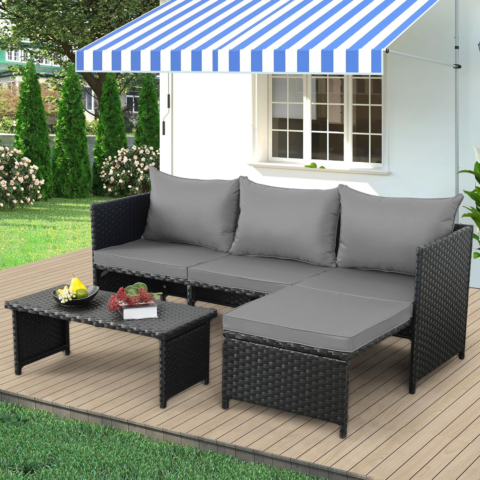 3-Piece Outdoor Rattan Conversation Set with Gray Cushions