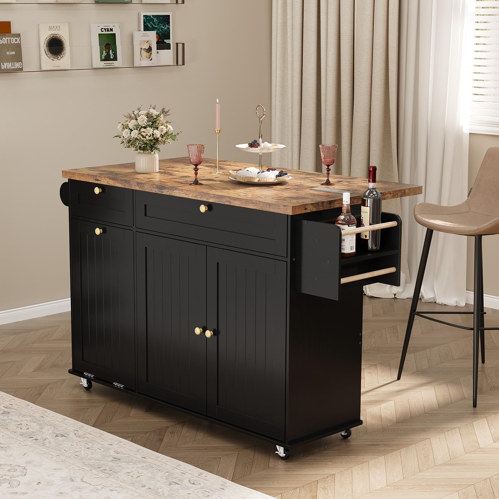 60" Large Kitchen Island Table on Wheels with Drop Leaf & Power Outlet