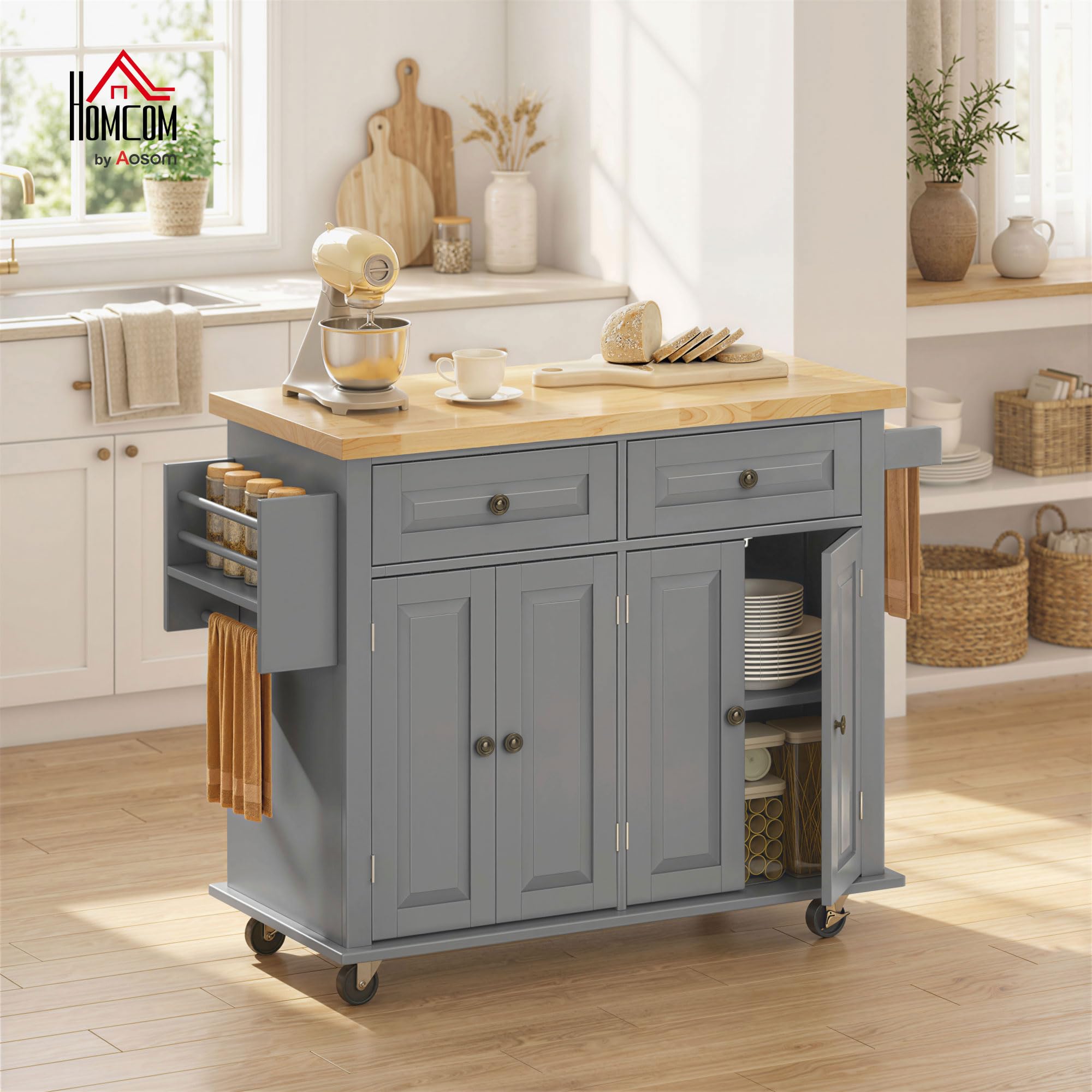 Kitchen Island Cart with Rubber Wood Top