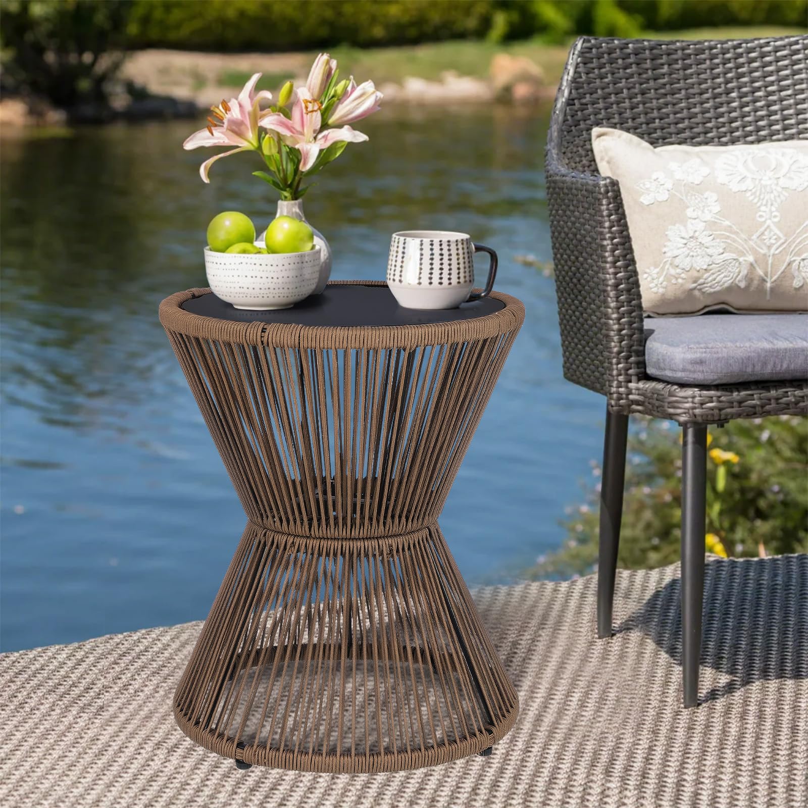 Woven Rope Side Table with Glass Top