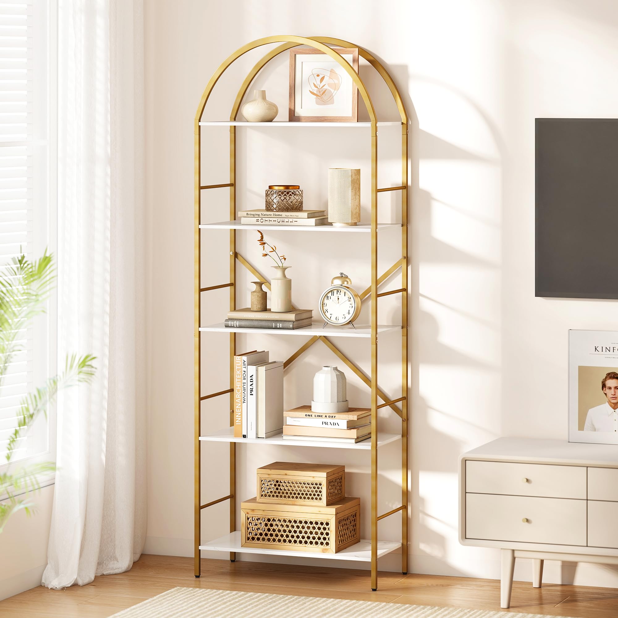 5 Tier Arched Bookshelf Gold and White