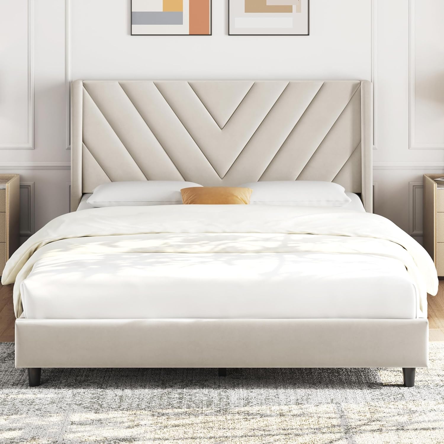Queen Upholstered Platform Bed Frame with Tufted Wingback Headboard