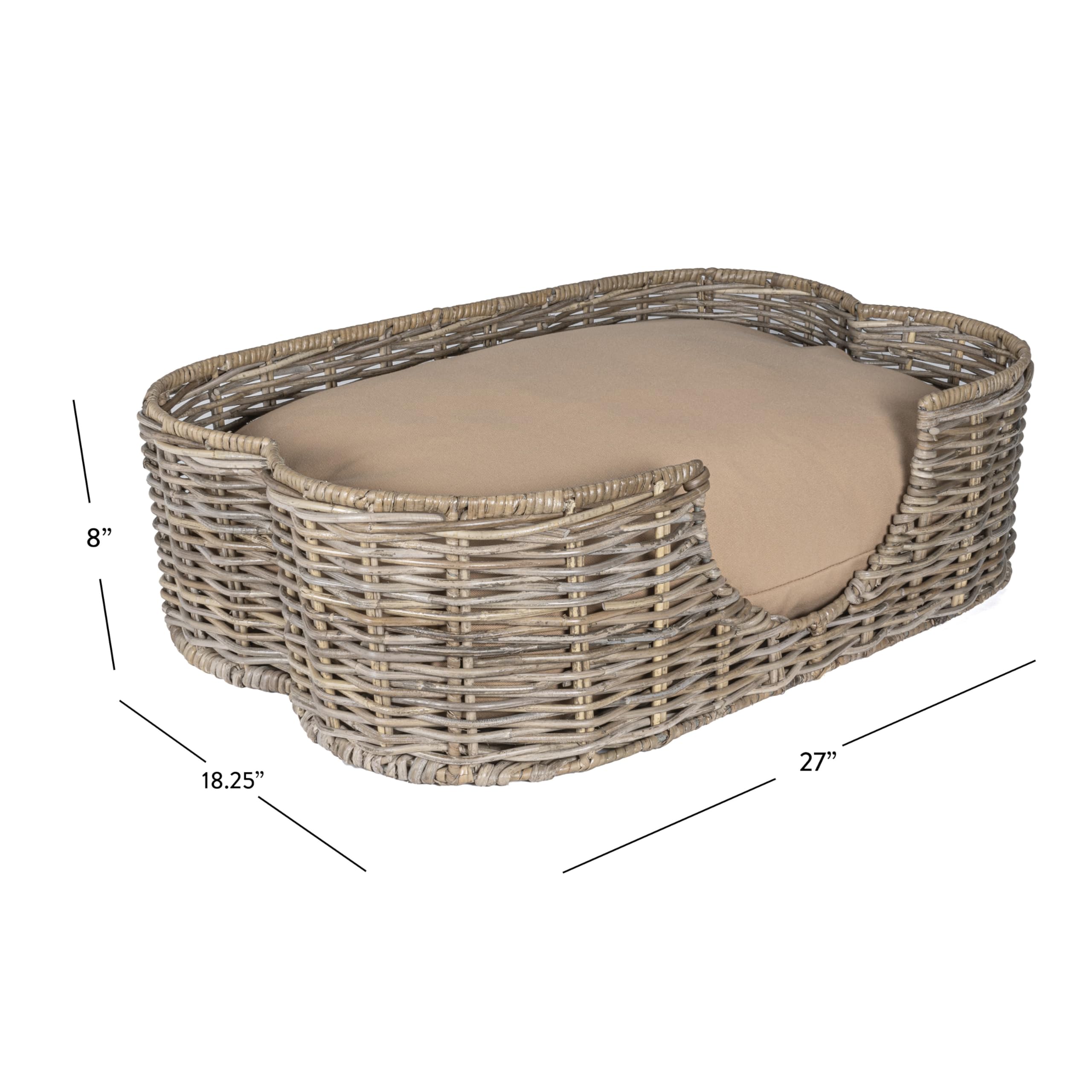 Scalloped Woven Rattan Dog Bed with Washable Cushion