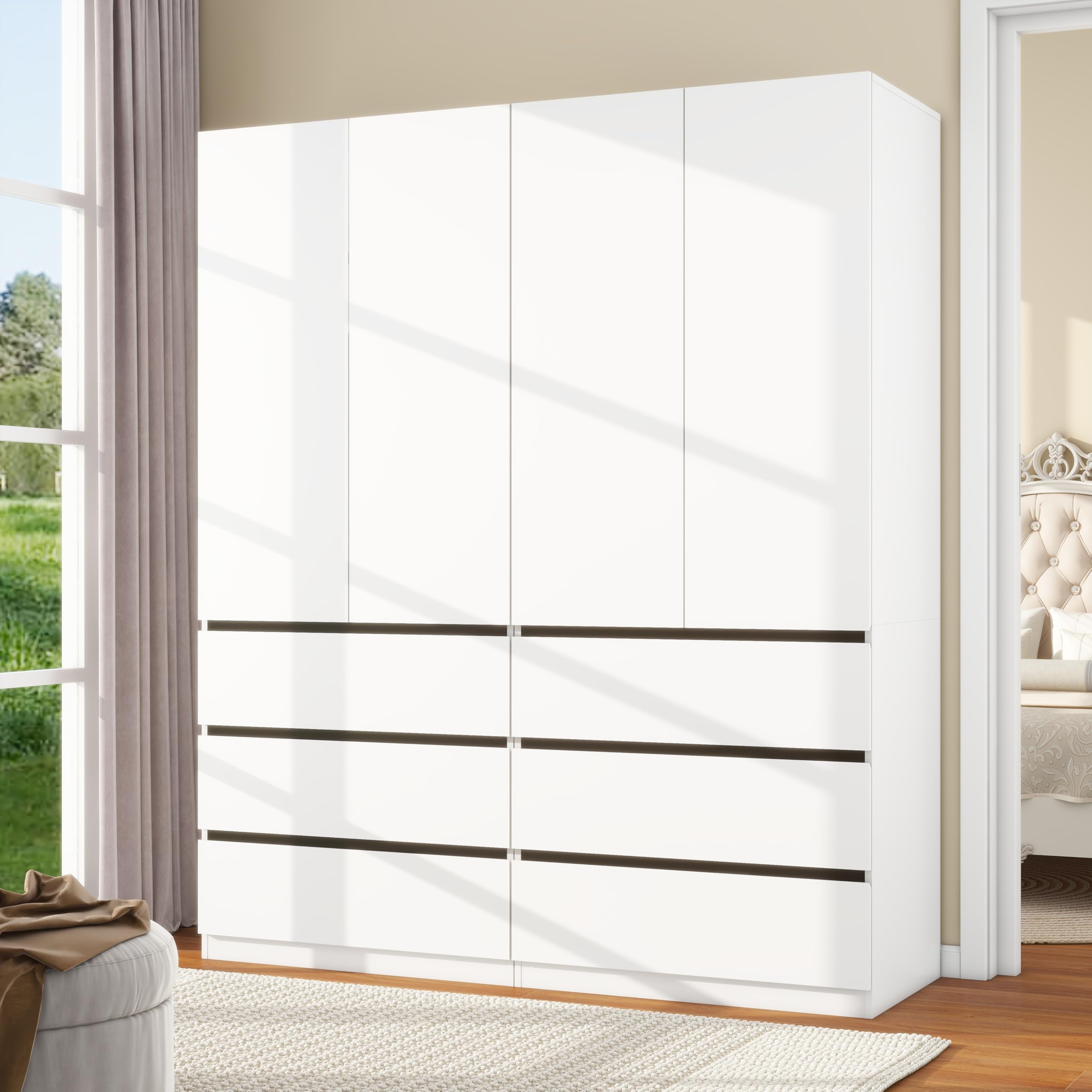White Bedroom Armoire with 6 Drawers and 4 Doors