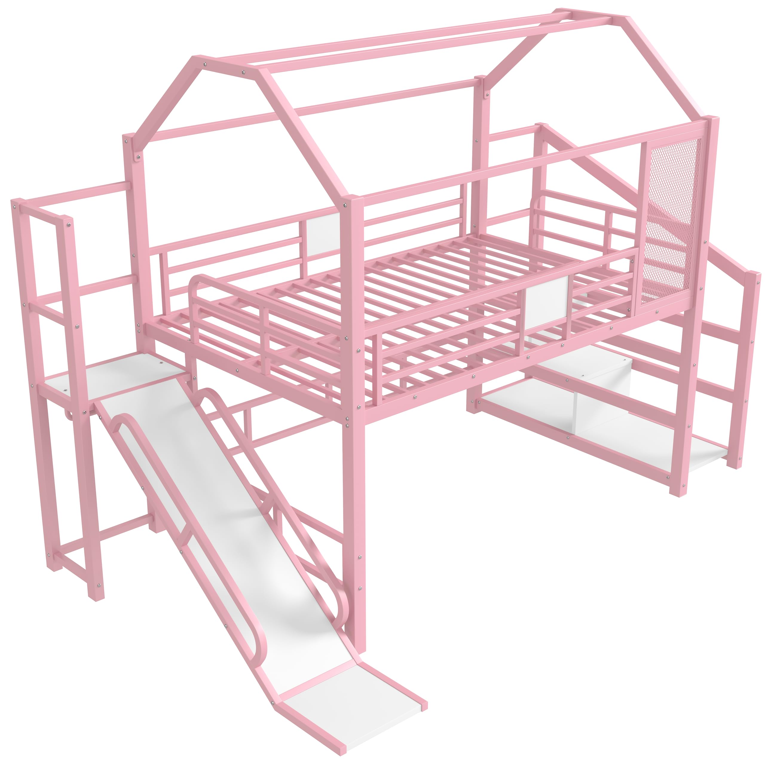 Full Size Metal Loft Bed with Slide and Storage Stairs