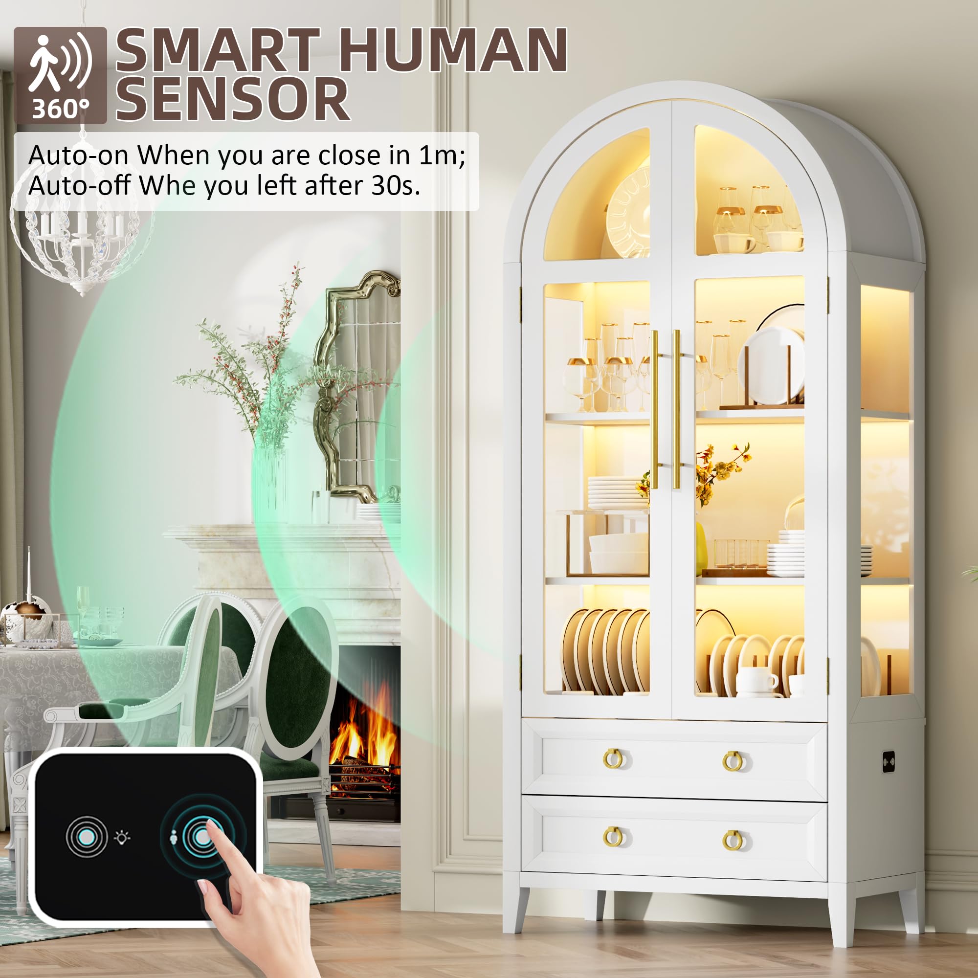 Arched Glass Display Cabinet with LED Lights