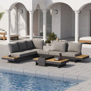 6 Piece Aluminum Teak Patio Sectional Sofa Set with Adjustable Backrests