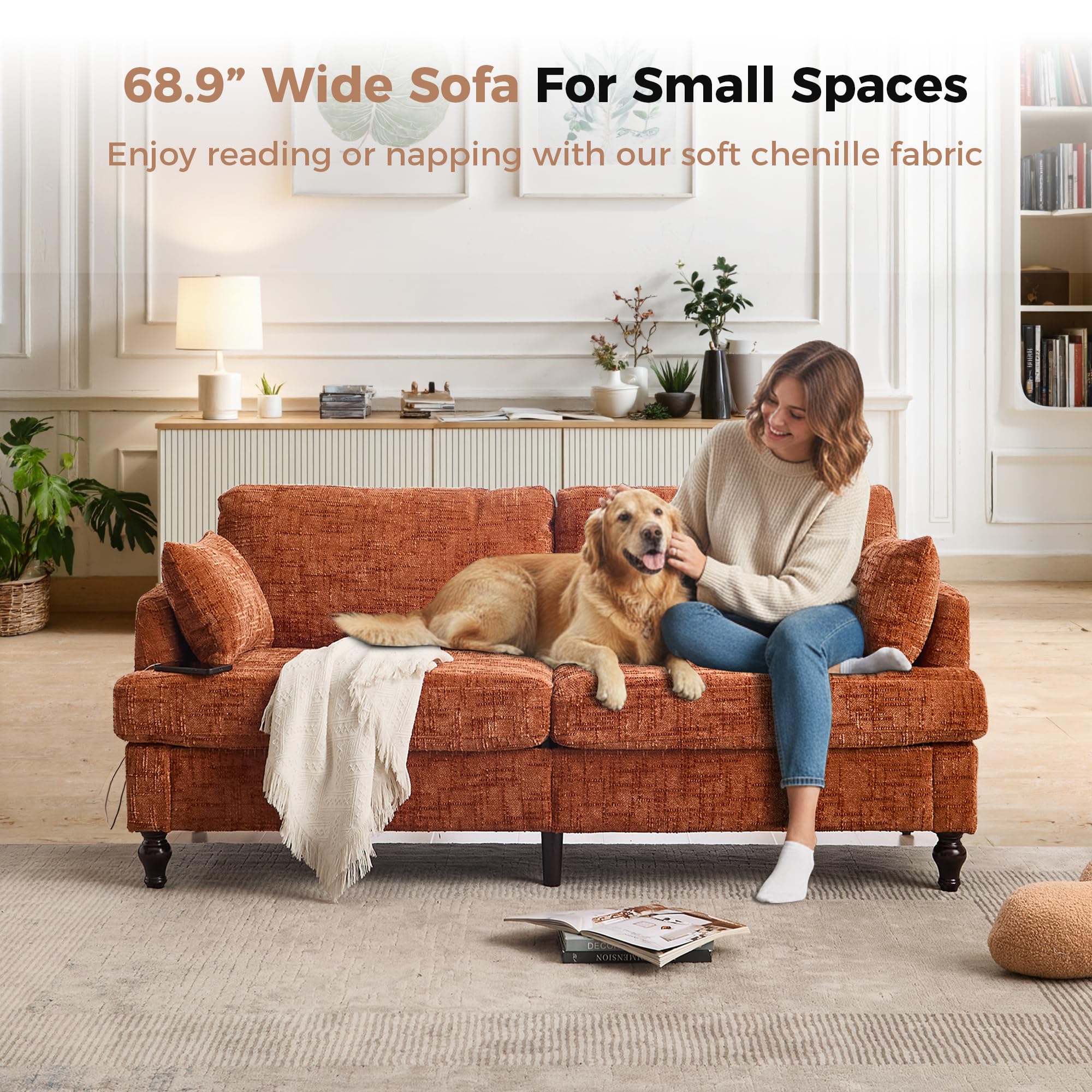 69" Mid-Century Modern Loveseat with USB & LED