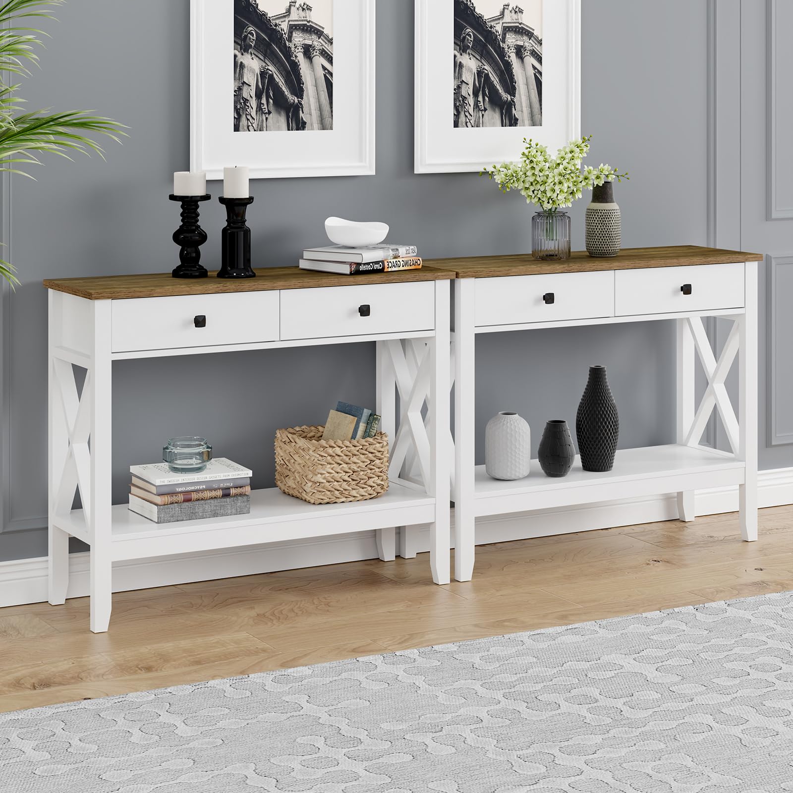 White Farmhouse Console Table with Drawers