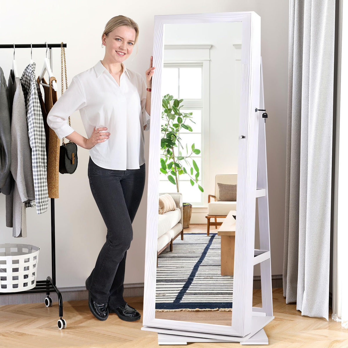 360° Swivel Jewelry Mirror Cabinet Full Length Standing Organizer Armoire