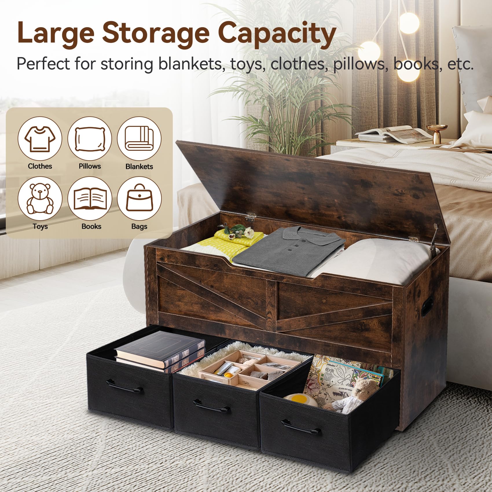 Storage Bench with 3 Drawers and Safety Hinges