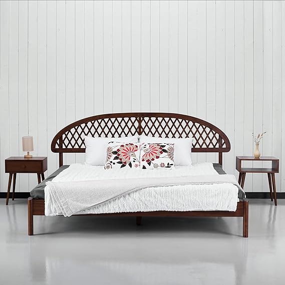 Wooden Bed Frame with Headboard and Natural Rattan King