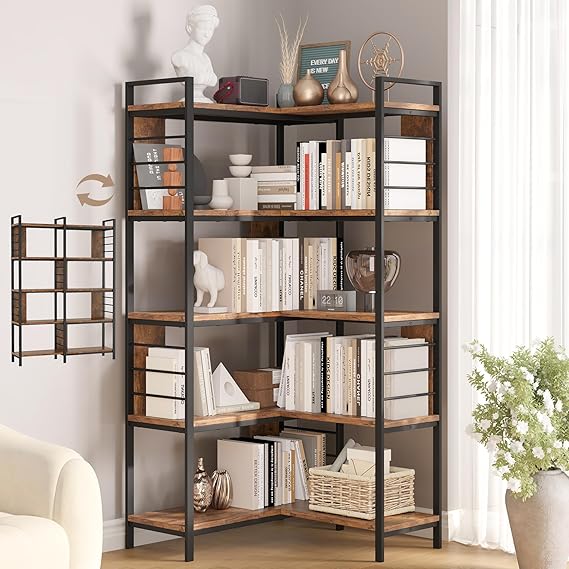 5-Tier Corner Bookshelf with Metal Frame